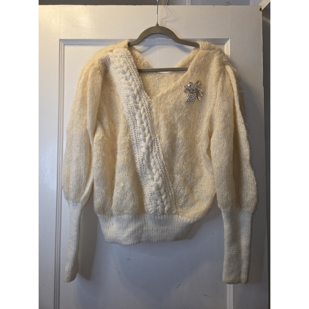 Vintage 70's Cream And White V Neck Sweater. Puff Sleeves. Gem Embellishment.